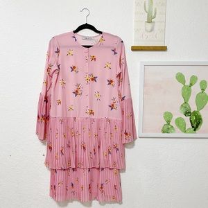 Pink floral pleated shirt tunic dress